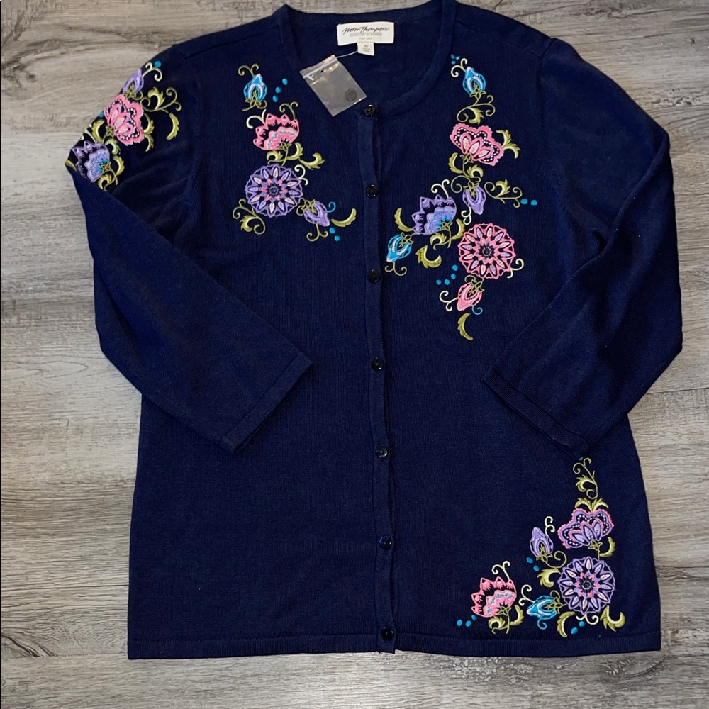 Norm Thompson Navy Cardigan with Floral Embroidery NWOT Medium